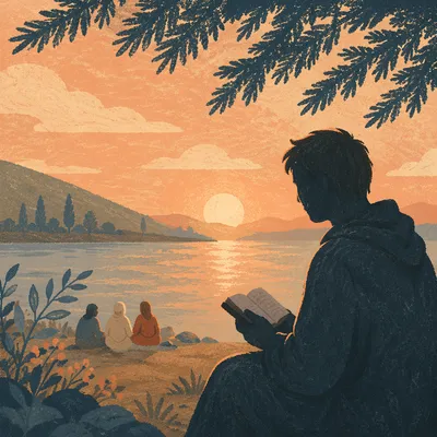 Silhouetted Prayer by Evergreen Lakeshore Sunset