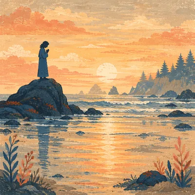 Praying Silhouette on Evergreen Sunset Shore