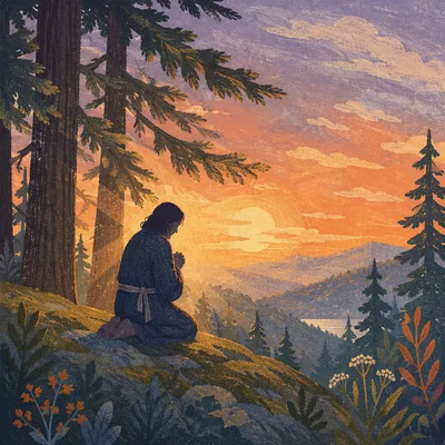 Silhouette Prayer Beneath Sunset Evergreen Pines