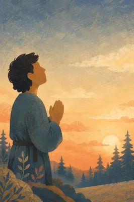 Praying Silhouette Against Evergreen Sunset Sky