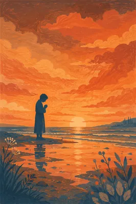 Silhouette Praying on Sunset Shoreline