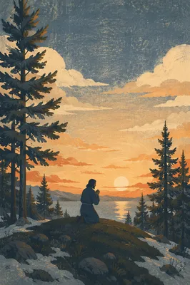 Silhouette Praying Beneath Evergreen Sunset
