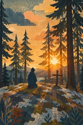 Silhouetted Prayer Among Evergreens at Sunset