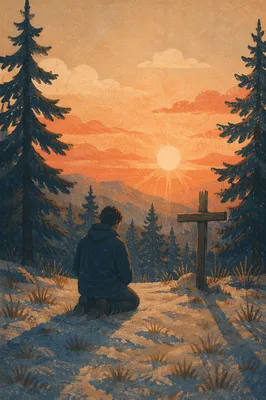 Silhouetted Prayer at Evergreen Sunset