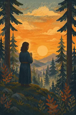 Silhouette Praying Among Evergreens at Sunset