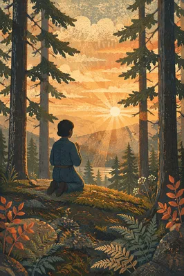 Silhouetted Prayer Among Sunset Pines