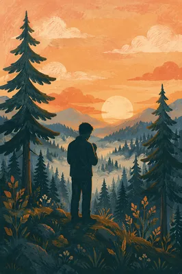 Praying Silhouette Among Evergreens at Sunset