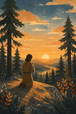 Silhouette Prayer Among Pines at Sunset