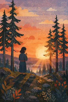 Praying Silhouette Among Evergreens at Sunset