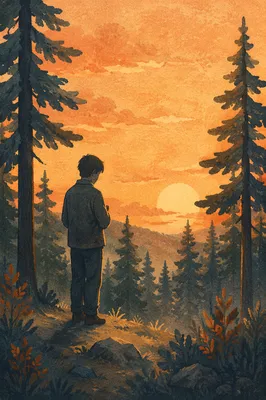 Silhouette Praying in Evergreen Sunset Clearing