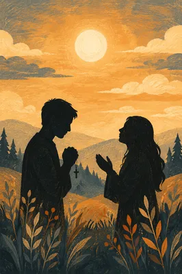 Silhouettes Praying at Sunset on Evergreen Hill