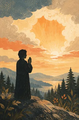 Praying Silhouette at Golden Evergreen Sunset