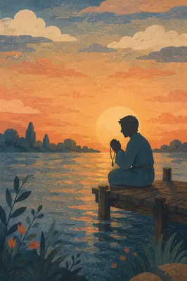 Silhouette Praying at Sunset by Water
