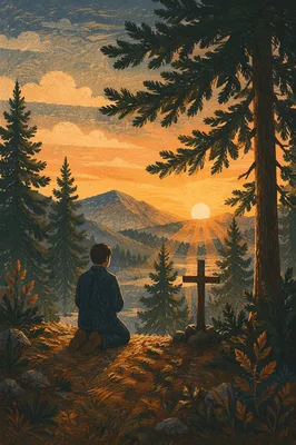Silhouetted Prayer Among Evergreens at Sunset