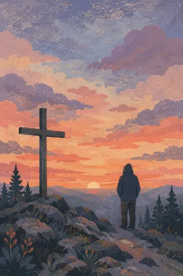 Praying Silhouette Beside Cross at Sunset