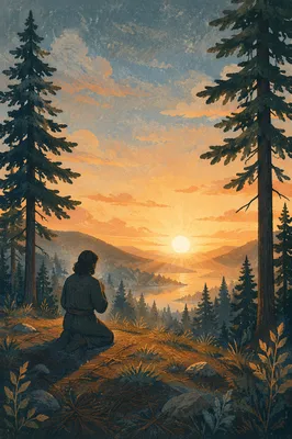 Silhouetted Prayer Among Sunset Pines