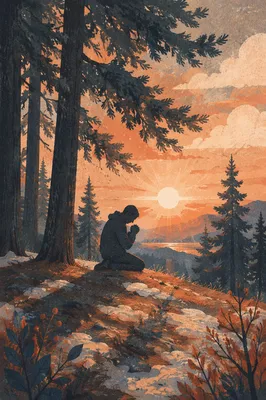 Silhouetted Prayer Beneath Evergreen Sunset