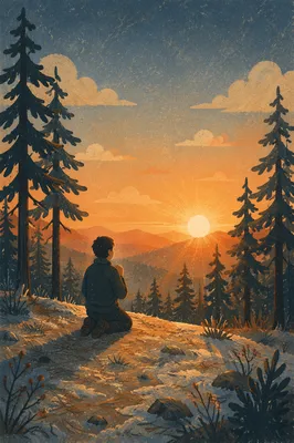 Silhouetted Prayer Among Evergreens at Sunset