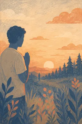 Silhouette Praying Beside Evergreens at Sunset