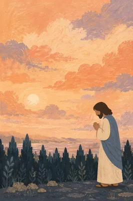 Silhouetted Prayer Beside Evergreens at Sunset