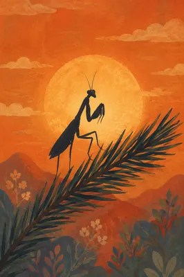Praying Mantis Silhouette on Evergreen at Sunset