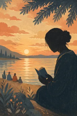 Silhouetted Prayer by Evergreen Lakeshore Sunset
