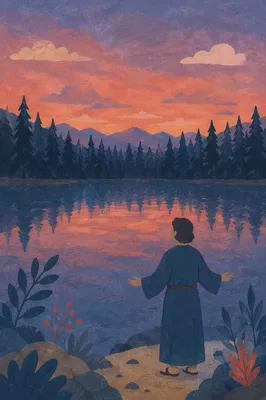 Silhouetted Prayer by Evergreen Lake at Sunset
