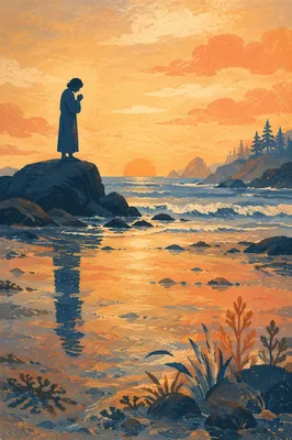Silhouette Prayer on Coastal Sunset