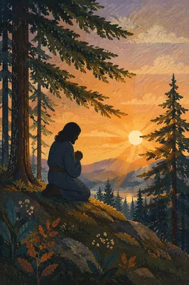 Silhouette Praying Beneath Sunset Pines