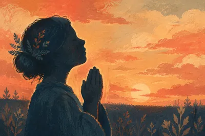 Sunset Prayer Silhouette with Evergreen Sprigs