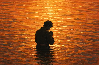 Silhouette Praying in Golden Sunset Waters