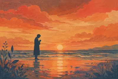 Silhouetted Prayer on Sunset Shoreline