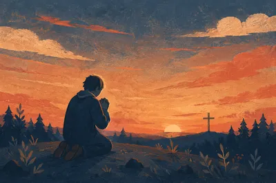 Silhouette Praying on Evergreen Hill at Sunset