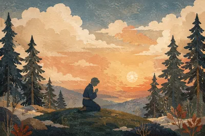 Silhouette Praying Beneath Evergreen Sunset
