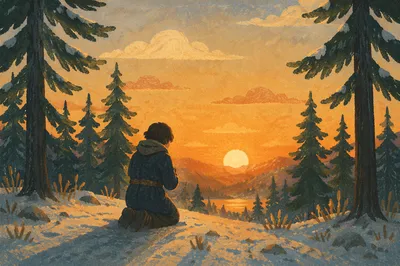 Silhouette Praying Beneath Evergreen Sunset