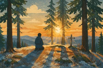 Evergreen Hilltop Prayer at Sunset