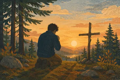 Silhouette Praying Among Pines at Sunset