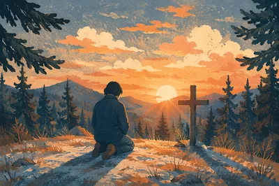 Silhouetted Prayer Beneath Evergreen Sunset