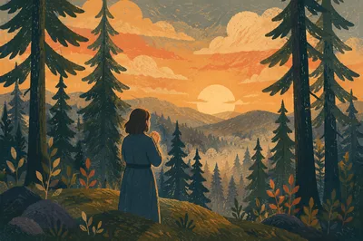 Silhouetted Prayer Among Evergreens at Sunset