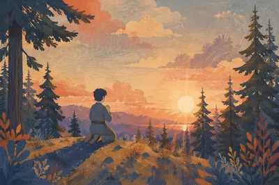 Silhouette Praying Beside Evergreen Forest Sunset