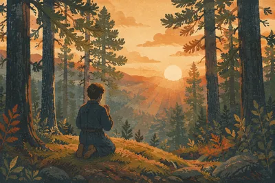 Silhouetted Prayer Among Sunset Evergreens