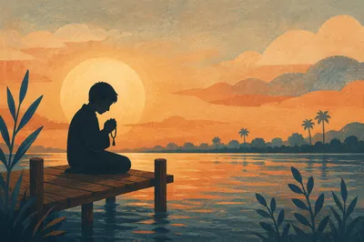 Silhouette Praying on Sunset Dock