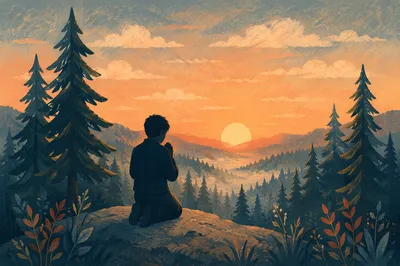 Silhouette Prayer Among Evergreen Pines at Sunset