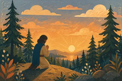 Silhouette Praying Among Evergreens at Sunset