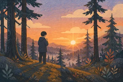 Silhouette Praying Among Evergreens at Sunset