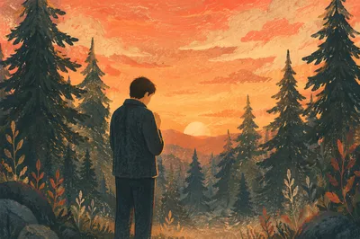 Silhouette Praying in Evergreen Sunset Clearing