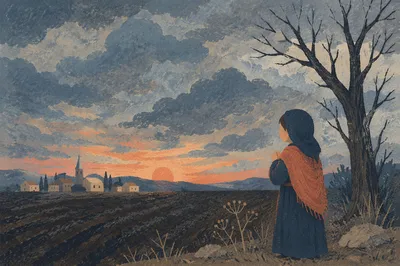 Silhouette Prayer at Rural Sunset Sky