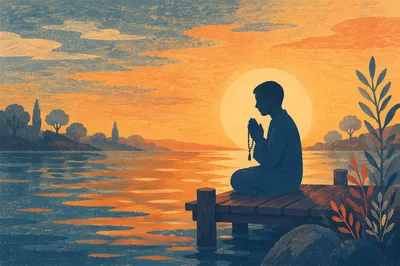 Silhouette Praying at Sunset by Calm Water