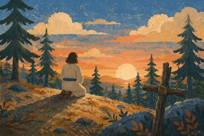 Silhouette Praying Among Pines at Sunset