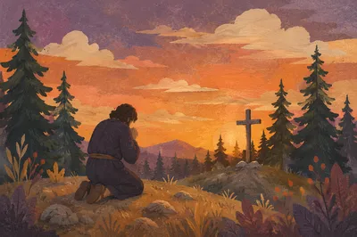 Silhouetted Prayer on Evergreen Hill at Sunset